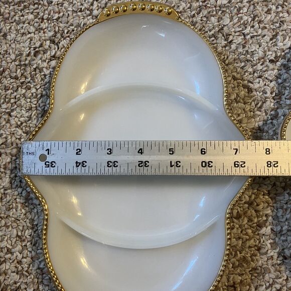 Set of 2 Vintage Fire King Milk Glass Divided Relish Candy Dish Gold Trim MCM - Picture 9 of 9